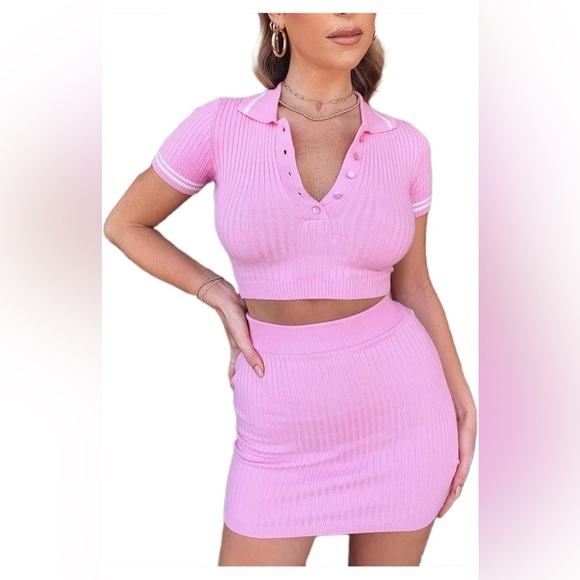 2 Piece Crop Top Mini Skirt Set Pink - Picture 3 of 3